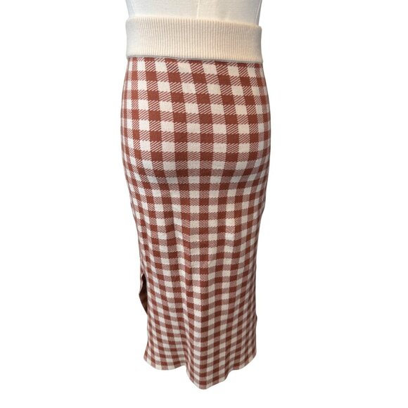 2/$30 Madewell XS Midi Skirt Red Brown & White Gingham Check Elastic Waist Knit - Picture 13 of 14